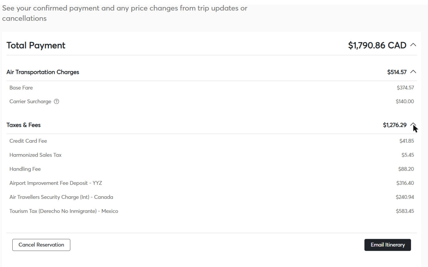 Flair payment summary listing Tourism Tax (Derecho No Inmigrante) - Mexico, $583.45